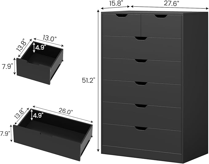 Tall 7 Drawer Dresser, Black Modern Chest of Drawers for Bedroom,Closet Dressers with Drawers for Living Room, Entryway, Hallway