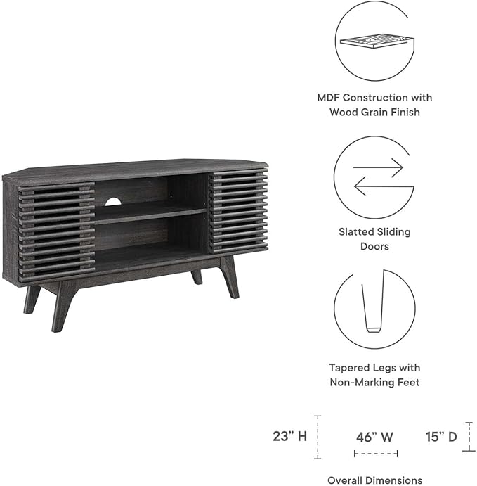Modway Render Mid-Century Modern Low Profile 46" Corner Media TV Stand in Charcoal