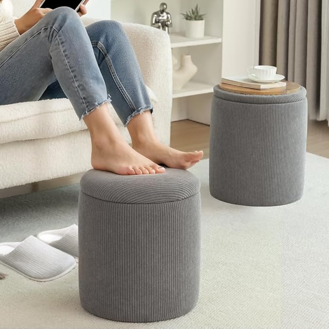 YSICK Round Ottoman with Storage, Set of 2, Small Vanity Stool as Vanity Chair, Corduroy Ottoman Foot Rest for Small Space, Living Room, Bedroom, Grey