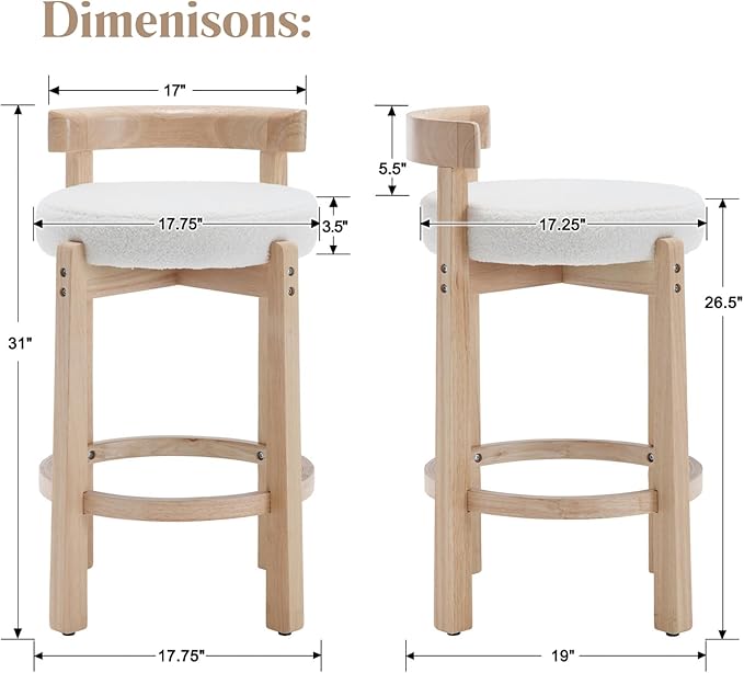 LukeAlon Sherpa Counter Stools Set of 4, Mid Century Upholstered 26.5" Seat Height Low Barstools with Natural Wood Legs Round Low Back Kitchen Stools with Footrest for Dining Room, White