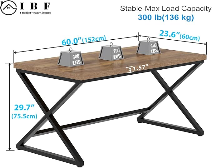 IBF 60” Rustic Computer Desk, Modern Wood Metal Home Office Desk, Farmhouse Work Desk for Writing Study in Bedroom, Minimalist Laptop Executive Workstation Computer Gaming Table, Rustic Oak, 60 in