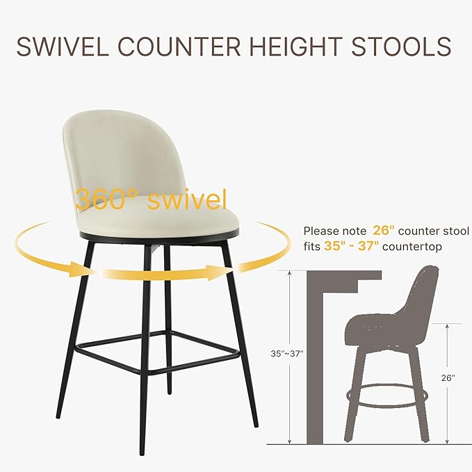 26" Counter Height Swivel Bar Stools Set of 3, Upholstered Faux Leather Barstools with Backs and Metal Legs for Kitchen Island,Cream