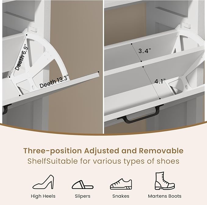 Shoe Cabinet with 2 Flip Drawers, Farmhouse Narrow Shoe Cabinet Organizer with Double-Layer Top, Freestanding entryway organizer with adjustable shelves and hooks, for, Foyer, Hallway, White