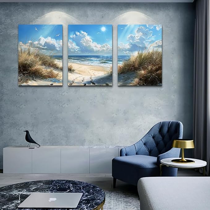 TTHYUEWS Large Canvas Wall Art for Living Room & Bedroom - Blue Ocean Beach Scene with Sea Waves - 3 Piece Set Ready to Hang - Modern Home Decor
