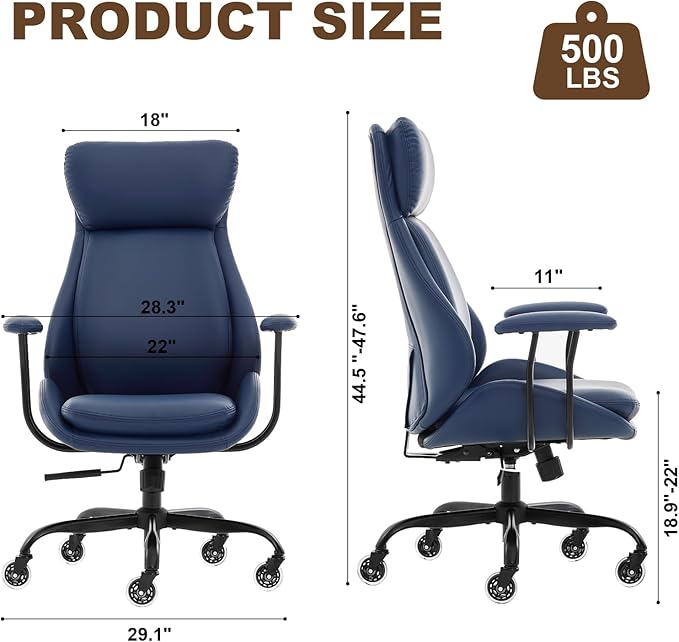 E-Motie Office Chair, Leather Desk Chair with Rubber Wheels, Ergonomic Computer Chair 500 LBS with Lumbar Support, High Back Executive Chair for Modern Home Office, Blue