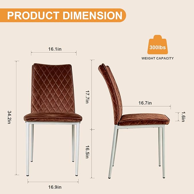 Dining Chairs Set of 2, Velvet Comfortable Seats, Mid-Century Modern Living Room Chairs, Upholstered Kitchen Chairs with Mental Legs and Padded Seat, Easy Assembly, Brown