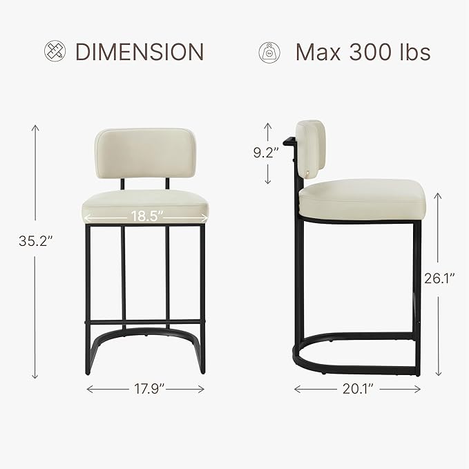 26" H Counter Height Bar Stools Set of 3, Modern Faux Leather Upholstered Barstools with Backrest for Kitchen Island, Black Metal Frames, Cream