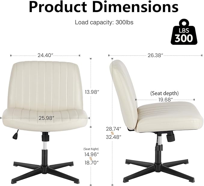 DUMOS Criss Cross Chair Legged Office Wide Comfy Desk Seat, No Wheels Armless Computer Task Seating, Swivel PU Leather Vanity Home Height Adjustable