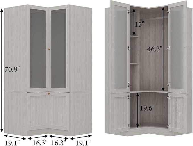 MOUMON 70.9" L-Shaped Corner Wardrobe with Frosted Glass Doors, Armoire Closet with Hanging Rod, Space-Saving, Light Oak 35.4”W x 35.4”D x 70.9”H
