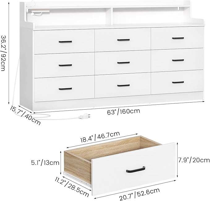 Bigbiglife 9 Drawer Dresser with Built in Power Outlet and LED Light, Modern Chest of Drawers for Bedroom, Triple Wide Drawer Organizer Cabinet for Living Room, Entryway, Hallway, Antique White