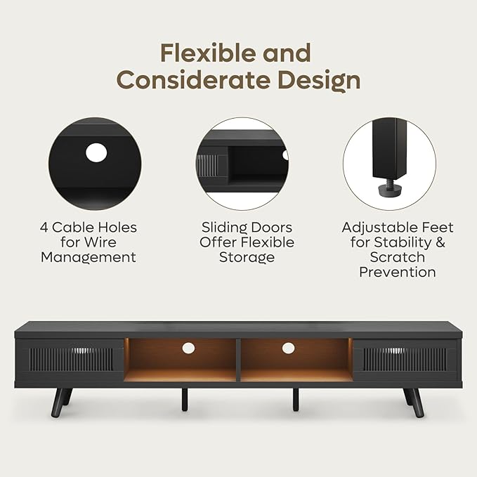 Bestier Mid Century Modern TV Stand for 75 inch TV, LED Entertainment Center with Storage and Sliding Doors, Low Profile TV Consoles for Living Room, Embossed Black