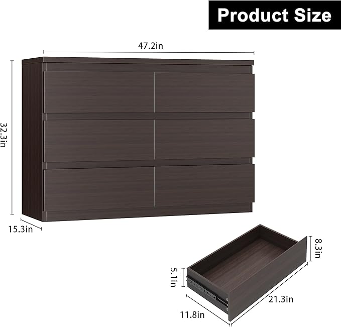 Jocoevol Modern 6 Drawer Dresser - Simply Chest of Drawers for Bedroom, Closet, Living Room, Hallway, Entryway, Wood Storage Double Dresser with Smooth Metal Rails - Retro Brown
