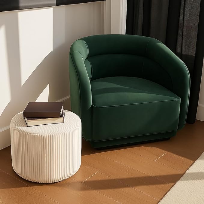 Corduroy White Ottoman Foot Rest Stool – Textured Boucle Corduroy Fabric Footstool with Soft Foam, Round Lightweight Pouf for Cozy Living Room, Bedroom – Warm White