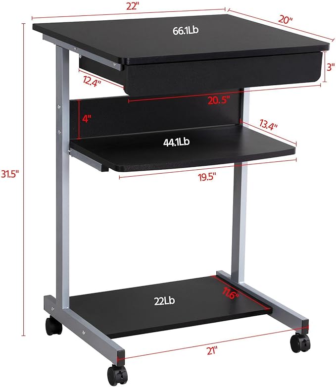 Topeakmart Mobile Compact Computer Desk Cart for Small Spaces, Work Workstation, Writing Desk Table with Drawers and Printer Shelf on Wheels