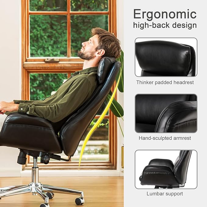 Glitzhome Mid-Century Modern Air Leatherette Adjustable Task Chair Swivel High Back Office Chair Computer Desk Chair with Armrest(Black)