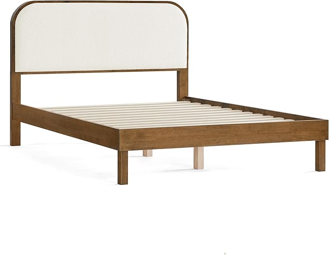 KISLOT Wood Bed Frame with Upholstered Headboard, Mid-Century Boucle Fabric Platform Modern Bed Mattress Foundation Noise-Free No Box Spring Needed Easy Assembly