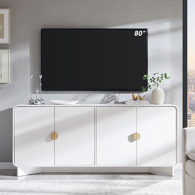 IFGET 70" Modern TV Stand for TVs Up to 80 inches, 30" Tall Entertainment Center with Storage and Adjustable Shelves, TV Console with Curved Profile Design, Media Console for Living Room, White