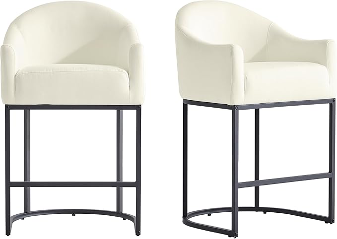 Counter Height Bar Stools Set of 2,Modern Counter Height Bar Stools,PU Leather Upholstered Barrel Barstools with Backs,26'' Kitchen Island Chairs,Metal Black Frames,Beige White Leather