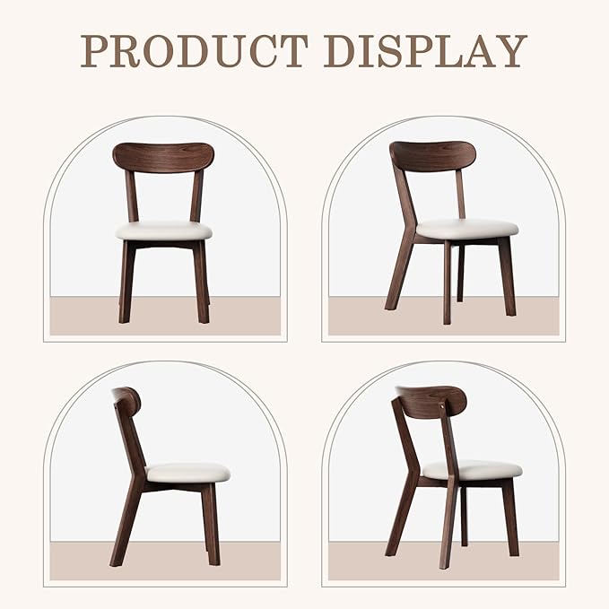 Dining Chairs Set of 2 Mid-Century Modern Oak Upholstered Leather Scandinavian Solid Wood Kitchen & Dining Room Chairs with Curved Backrest Sillas de Comedor for Dining Table(Walnut/Beige)