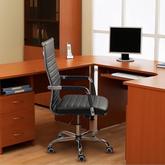 Furmax Ergonomic Office Desk Chair, Executive Ribbed Mid-Back PU Leather Conference Room Chair Adjustable Swivel Chair with Arms (4, Black)