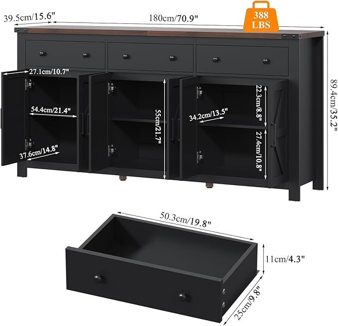 VVFLU 71" Large Sideboard Buffet Cabinet with Storage, Farmhouse Coffee Bar with 3 Drawers and 6 Barn Doors, Long Wider Storage Cabinet, for Kitchen, Dining Room, Living Room, Black Wood