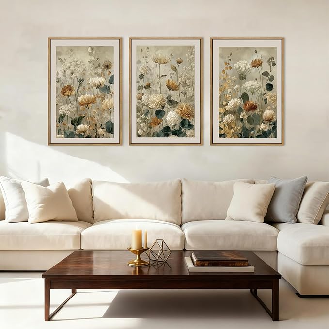 Anyzal Large Neutral Wildflower Framed Wall Art 16x24 Inch Vintage Classic Floral Canvas Wall Decor Mid-century Modern Botanical Art Prints for Living Room Bedroom Dining room