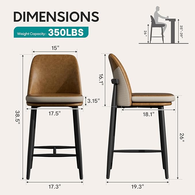 GXJ Bar Stools Set of 6, Upholstered Counter Height Bar Stools, 26 Inch Modern Counter Stools with Back, Textured Leather&Fabric, Metal Legs,Barstools for Kitchen Island Dining Room, Brown