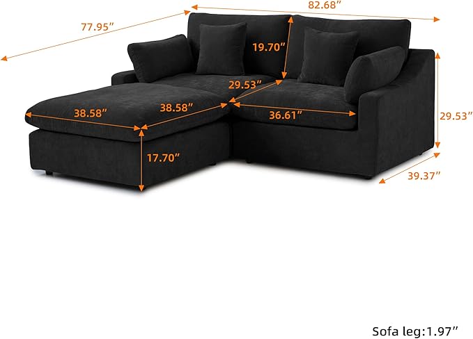Modular Sectional Sofa Cloud Couch, 82.68" Loveseat Sofa with Chaise Ottoman, Linen Blend Fabric Minimalist Deep Seat Couches for Apartment Small Space, Sofa Covers Washable&Removable, Black