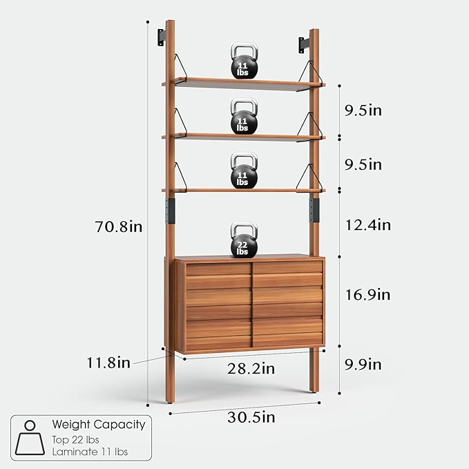 JOINICE, Ladder Bookshelf with Storage Cabinet, Mid Century Modern Wall Mounted Bookcase with Wood and Metal Frame, 6 Tier Open Display Shelves for Living Room, Bedroom, Home Office, Cherry