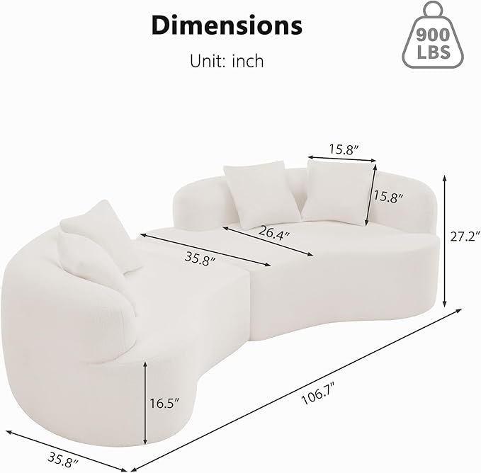 106.7" Modern Curved Oversized Sectional Sofa, Minimalist Modular Cloud Couch with 4 Throw Pillows, Luxury 4-Seater Extra Deep & Wide Seat Sofa in Soft Teddy Fabric, Cream White