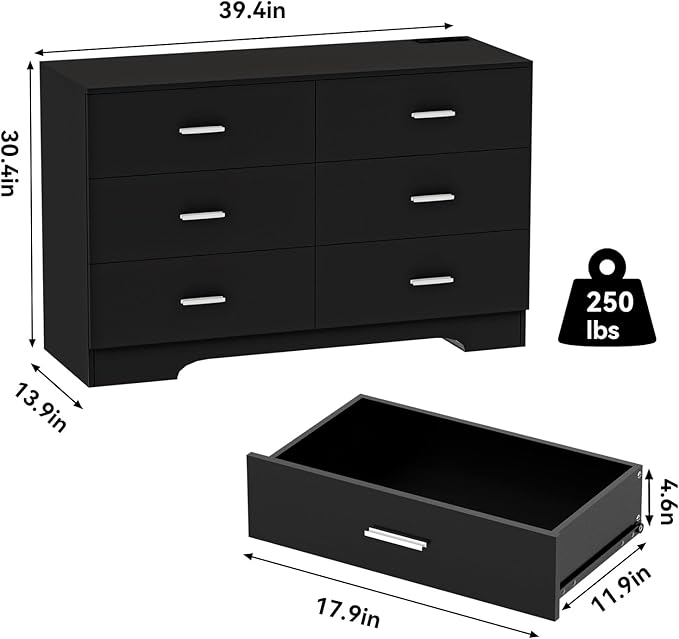FJTJBSI Dresser with Power Outlets Wooden 6 Drawer Dresser with USB and Type C Port Chest of Drawers for Bedroom Tall Black Organizer Storage for Living Room Hallway Closet