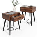 HAIOOU Nightstands Set of 2, Mid Century Modern Night Stand with Charging Station, End Table with Storage Drawer Premium Matte Black Handle,Side Table with Pine Wood Legs for Home Bedroom Living Room