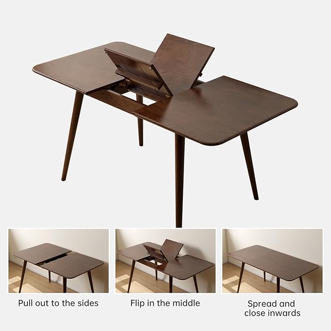 39’’-55’’ Oak Extendable Dining Table and Chairs Set of 4, Solid Wood Folding Kitchen Table, Mid Century Modern Dinner Table for Kitchen, Apartment, Living Room (Walnut 39''-55''+4 Cushion Chairs)
