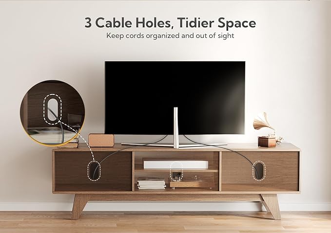 Claiks Mid-Century Modern TV Stand for 65 inch TV, Wood Fluted TV Stand with Storage and Adjustable Shelves, Low Profile TV Console for Living Room, Walnut
