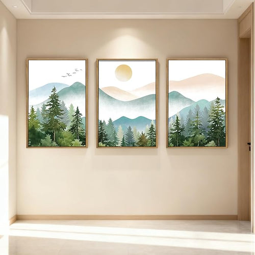 Anyzal Framed Green Mountain Wall Art Forest Painting Framed for Living Room Bedroom Bathroom 16x24 Inch Set of 3
