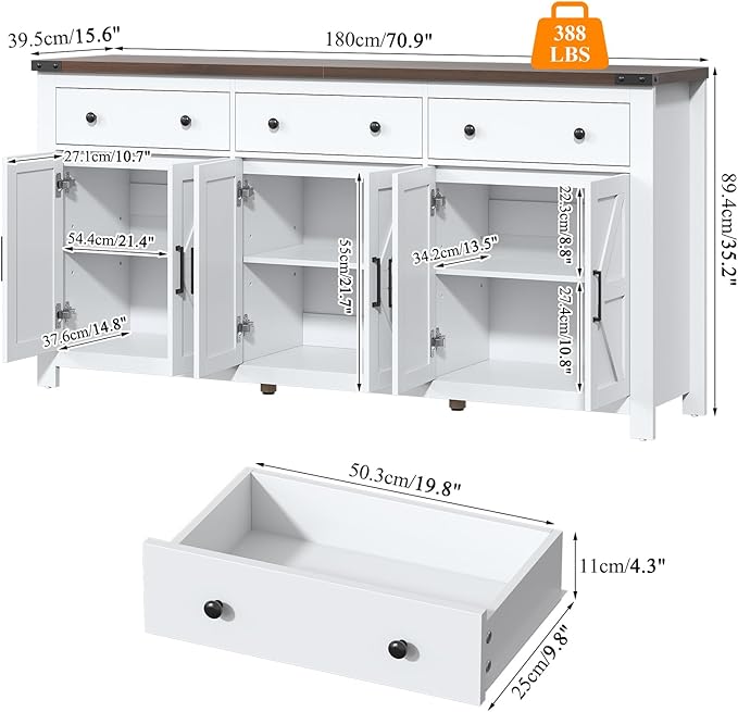 VVFLU 71" Large Sideboard Buffet Cabinet with Storage, Modern Farmhouse Coffee Bar with 3 Drawers and 6 Barn Doors, Dining Room Storage Cabinet, for Kitchen, Living Room, White Wood
