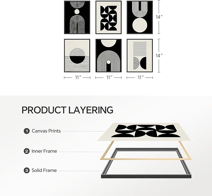 Wood Framed Modern Abstract Canvas Wall Art Sets of 6, Black and White Minimalist Prints, Bohemian Geometric Decor Painting for Living Room, Bedroom, Hallway and Office 11x14 Inch