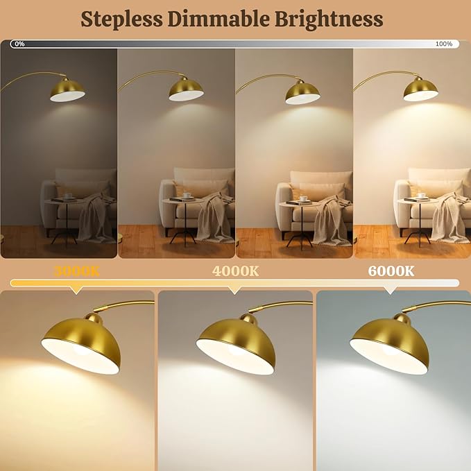 Arc Floor Lamps for Living Room, 72" Modern Tall Lamp with Remote Control and Stepless Dimmable 9W LED Bulb, Over Couch Arched Reading Lamp for Bedroom, Office(Gold)