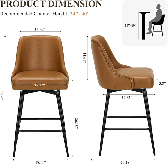 MALOL Bar Stools Set of 2, 26" Swivel Counter Height Chairs with Back,Thick Padded Seat & Footrest,Modern Faux Leather Barstool for Kitchen Island,Dining Room,Pub,Brown
