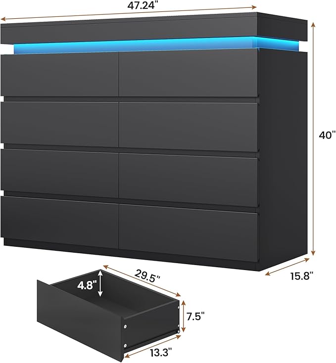 HAUOMS 8 Drawer Dresser with LED Light, Black Modern Chest of Drawers for Bedroom,Closet Dressers with Drawers for Living Room, Entryway, Hallway