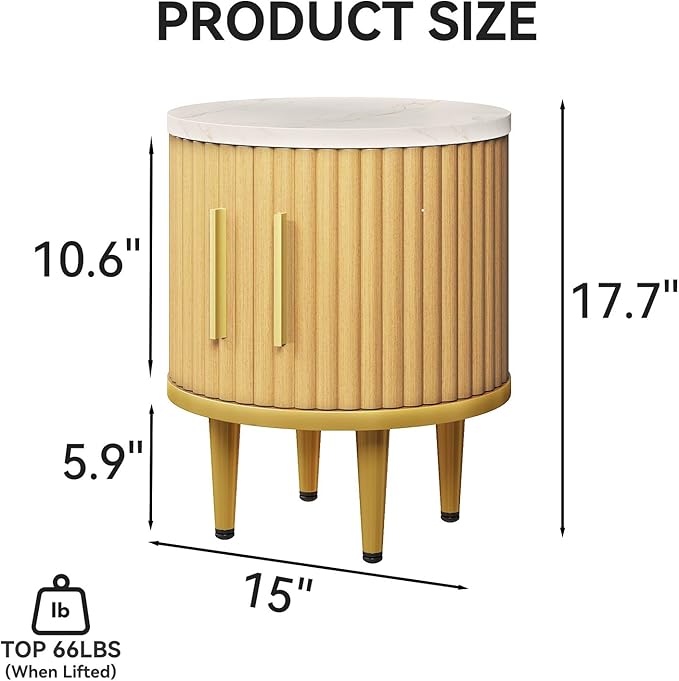 Fluted Nightstand Set of 2, Small Modern Side Table with Faux Marble Top and Metal Handle, Boho Bedside End Table with Sliding Door and Curved Corners for Bedroom,Living Room, Natural Oak