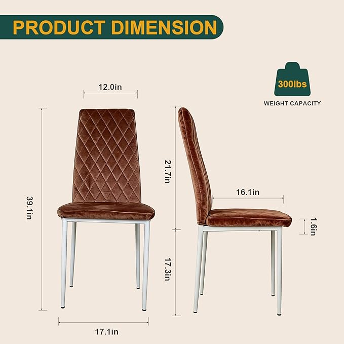 Dining Chairs Set of 2, Velvet Comfortable Seats, Mid-Century Modern Living Room Chairs, Upholstered Kitchen Chairs with Mental Legs and Padded Seat for Bedroom Office Easy Assembly, Brown