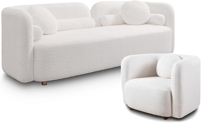 Curved Sofa Set for Living Room, 3-Seater Upholstered Boucle Fabric Modern Sofa Set of 2 Piece Couch Set Rectangular Sofa with Oversized Single Sofa Chair Modern Sofa Set Home Bedroom Office White