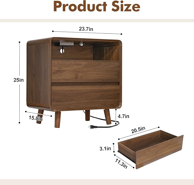 Nasonet Mid Century Modern Nightstand with Charging Station, Wood Bedroom End Tables Set of 2 Nightstands with Drawers, Curved Bedside Table for Living Room, Bedroom, Walnut
