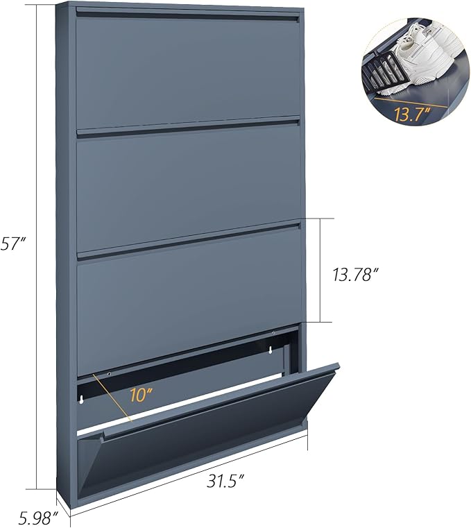LUCYPAL Shoe Storage Cabinet with 4 Flip Drawers,Hidden Slim Shoe Cabinet,Wall Mount Metal Shoe Cabinet for Entryway, Blue