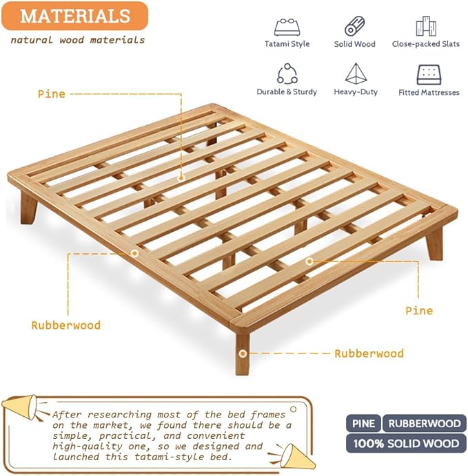 NELYE King Platform Bed Base - 14 Inch Solid Wood Mattress Foundation with Support Slats and Legs, King-Size Rubberwood Simple Bed Frame
