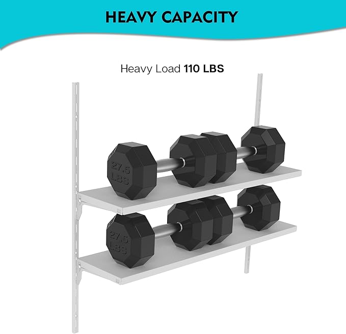 8" Deep ×32″ Long Adjustable Deep Floating Shelves for Wall 2‑Tier, Wall Mount Metal Shelf 110 LBS, Heavy Duty White Storage Rack for Garage, Kitchen, Bathroom, Bedroom, Wall Shelving Decor