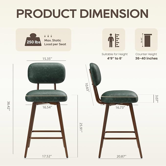 MALOL 26“ Swivel Bar Stools Set of 2, Mid Century PU Leather Counter Height Bar Chairs with Low Back and Metal Legs, Modern Bar Stool Chair for Kitchen Island, Green