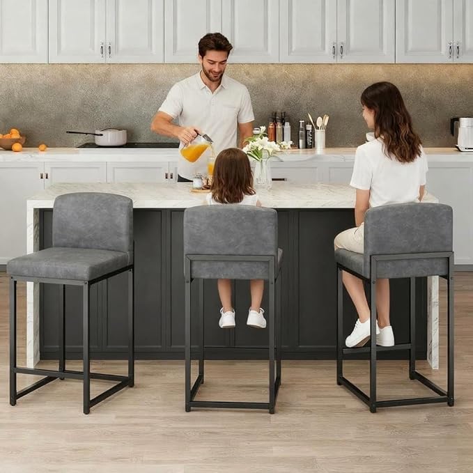 GarveeHome Bar Stools Set of 2, Modern Counter Height Bar Stools with Back and Footrest, Faux Leather Upholstered Barstools Chairs for Kitchen Island Dining Room Bar, Grey