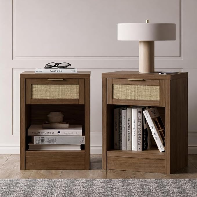 Walsham Night Stand Set 2, Rattan Nightstand with Charging Station, Modern End Table with Drawers, Bed Side Tables Set of 2 for Bedroom Living Room Sofa Couch Office (Special Walnut)